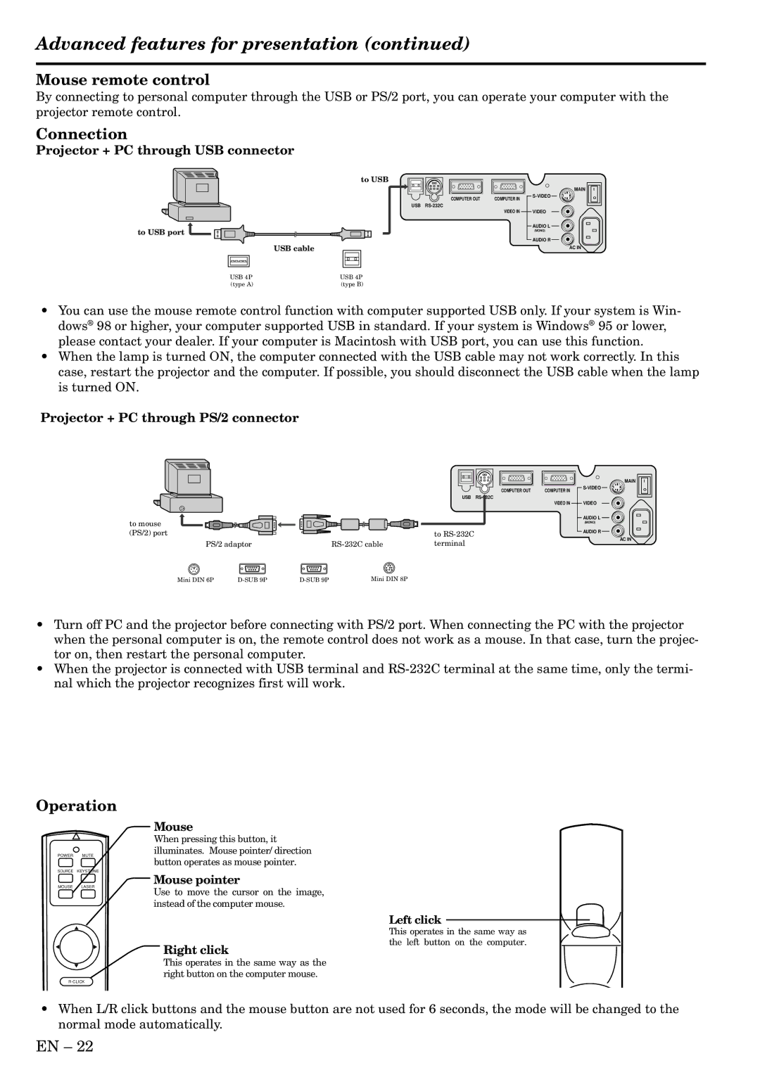 Mitsubishi Electronics X70B user manual Advanced features for presentation, Mouse remote control, Connection, Operation 