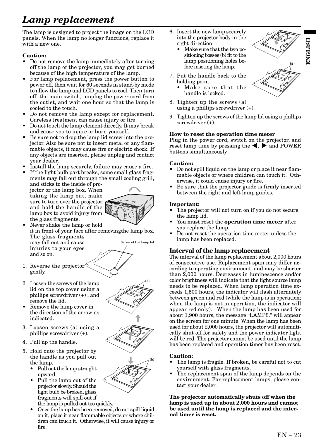 Mitsubishi Electronics X70B Lamp replacement, Interval of the lamp replacement, How to reset the operation time meter 