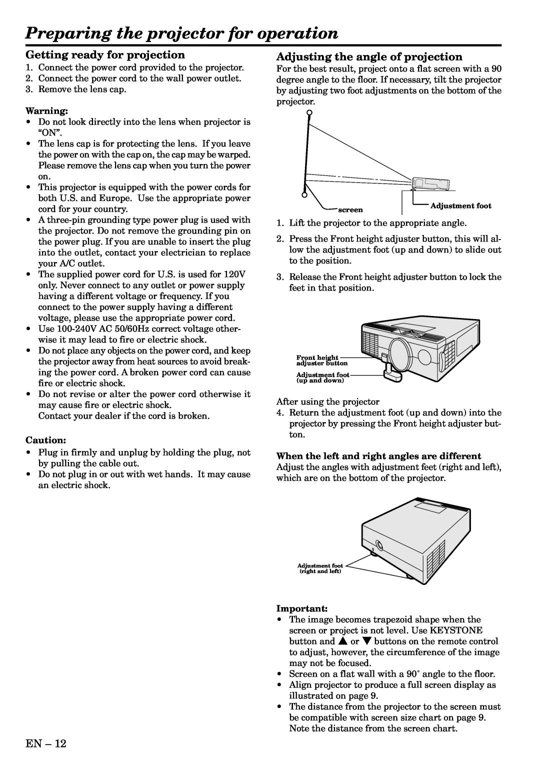 Mitsubishi Electronics X70B user manual Preparing the projector for operation, Getting ready for projection 