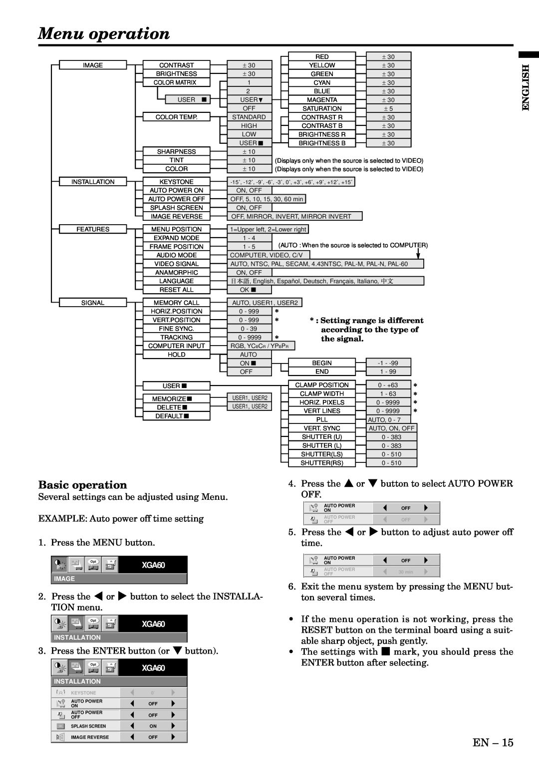 Mitsubishi Electronics X70B user manual Menu operation, Basic operation, English 