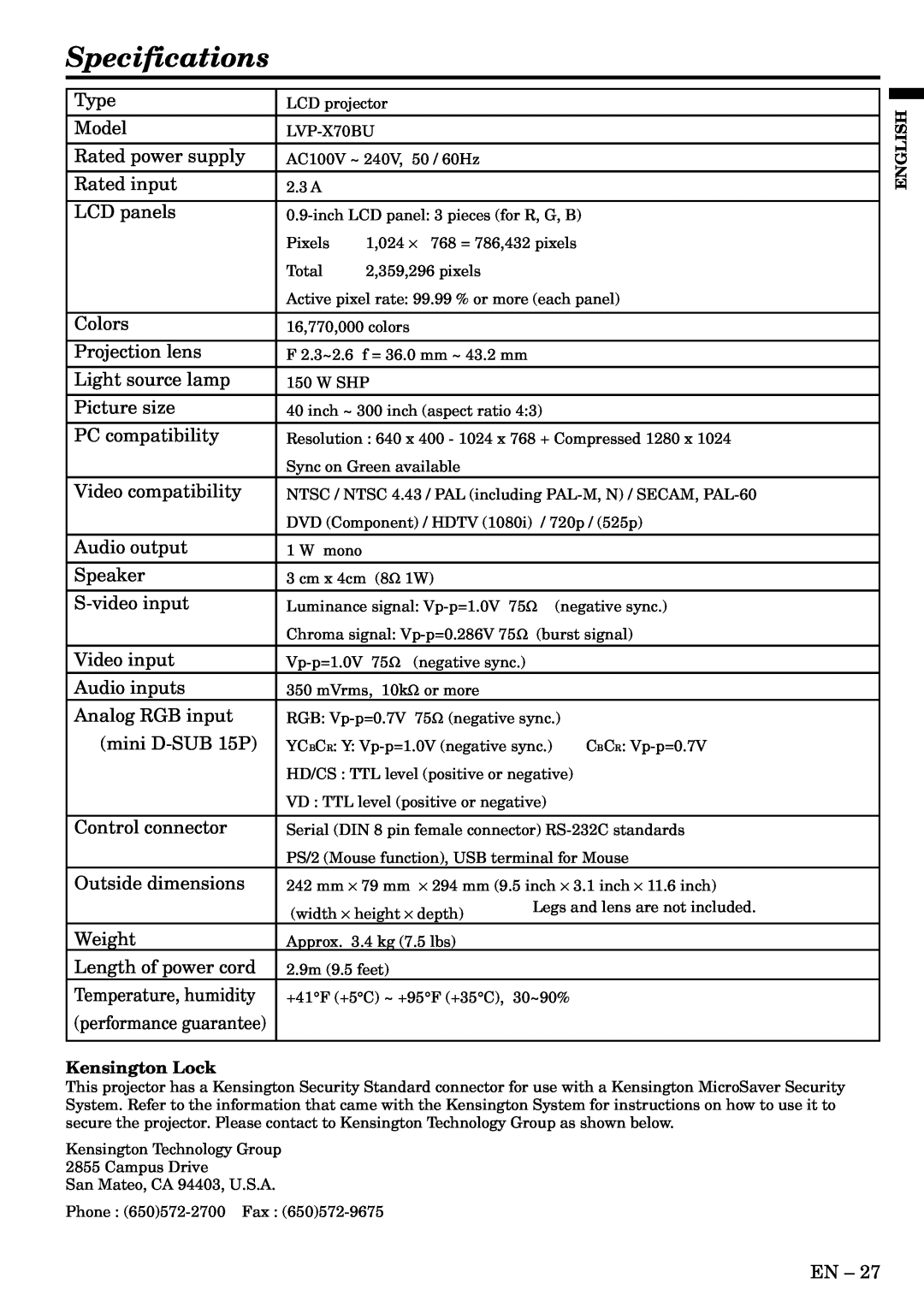 Mitsubishi Electronics X70B user manual Specifications, Kensington Lock 