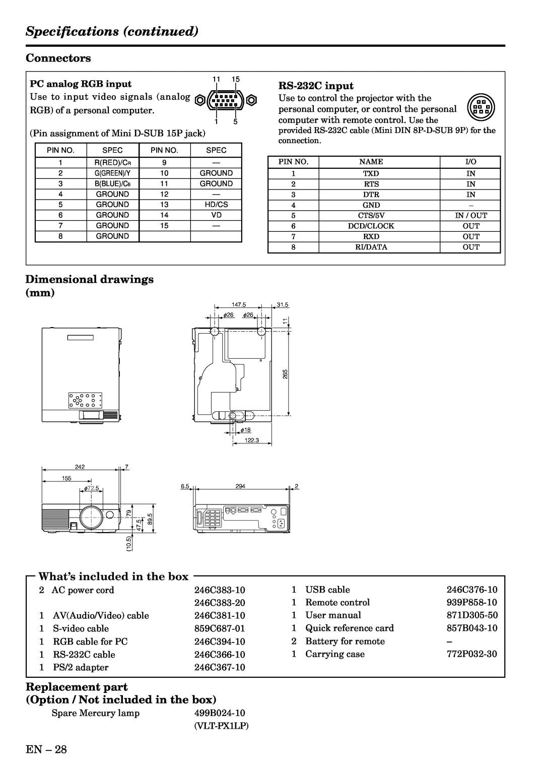 Mitsubishi Electronics X70B Specifications continued, Connectors, Dimensional drawings mm, What’s included in the box 