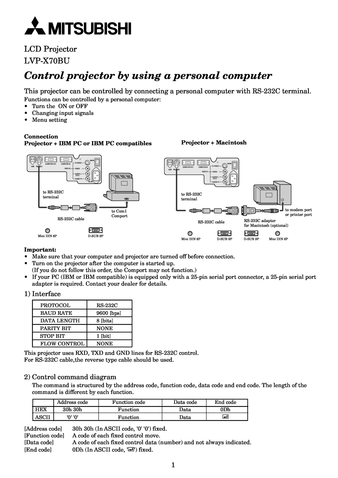 Mitsubishi Electronics user manual Control projector by using a personal computer, LCD Projector LVP-X70BU, Connection 