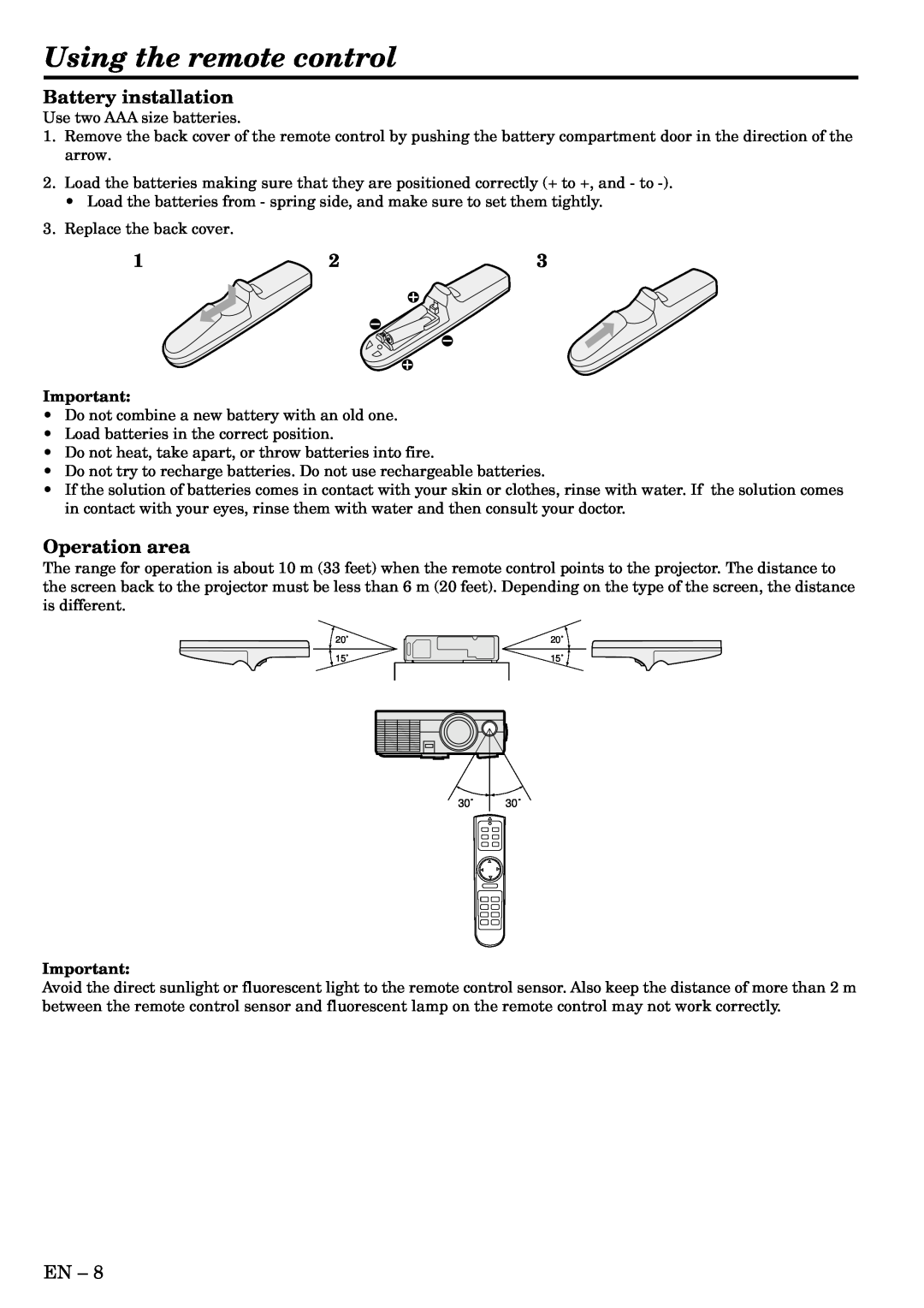 Mitsubishi Electronics X70B user manual Using the remote control, Battery installation, Operation area 