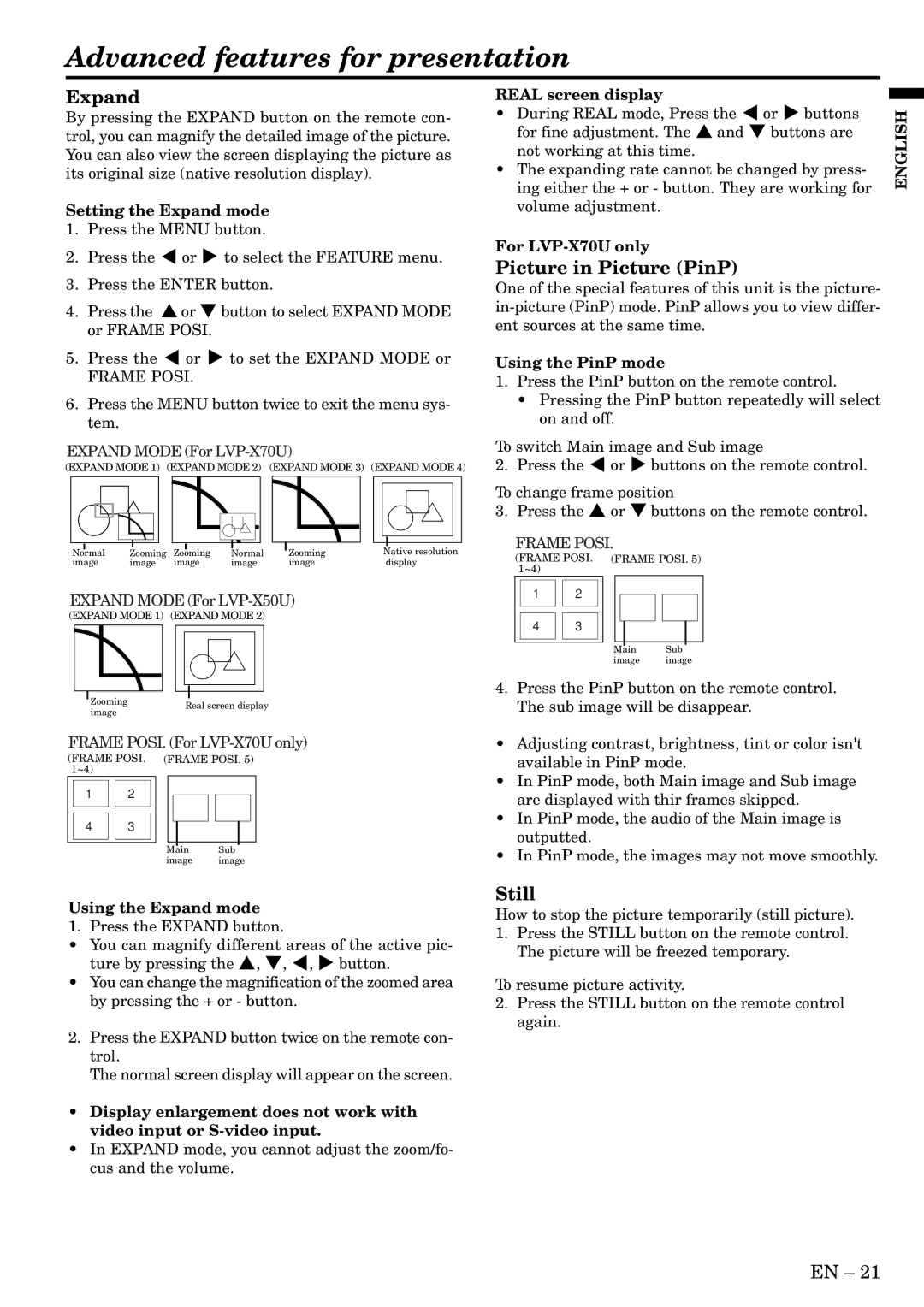 Mitsubishi Electronics X70U user manual Advanced features for presentation, Expand, Picture in Picture PinP, Still 