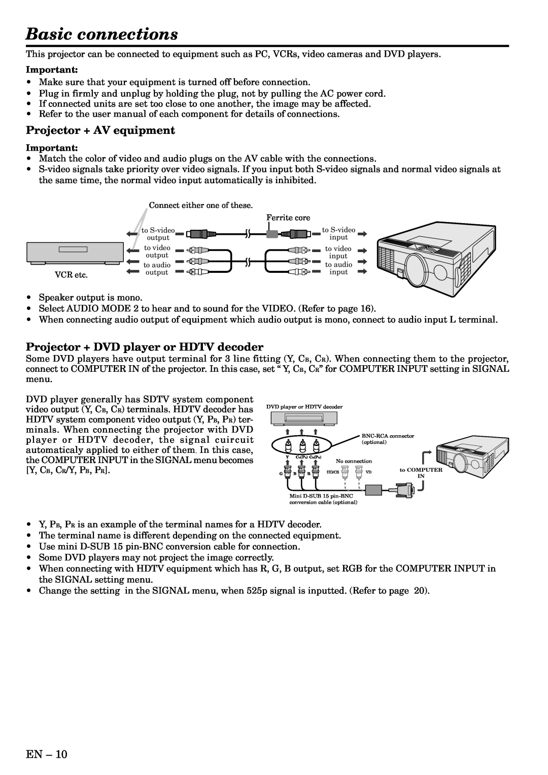 Mitsubishi Electronics X70U user manual Basic connections, Projector + AV equipment, Projector + DVD player or HDTV decoder 