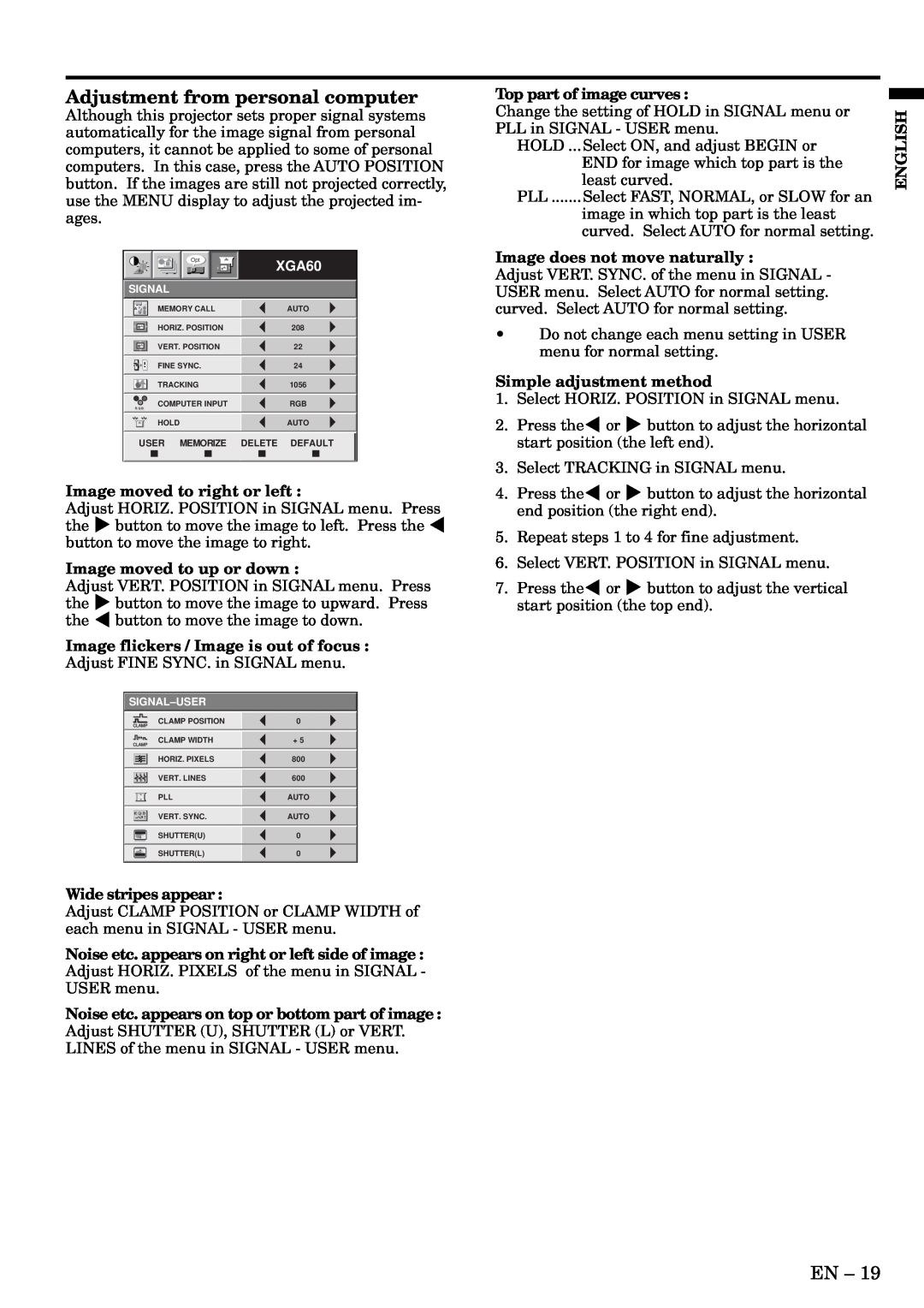 Mitsubishi Electronics X70U user manual Adjustment from personal computer 