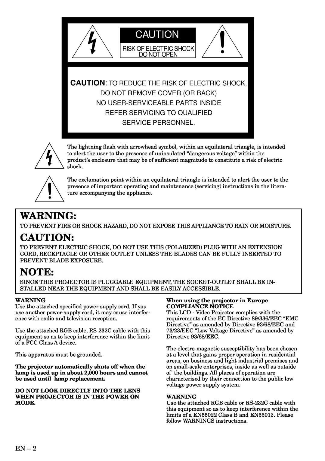 Mitsubishi Electronics X70U user manual Risk Of Electric Shock Do Not Open, Caution To Reduce The Risk Of Electric Shock 
