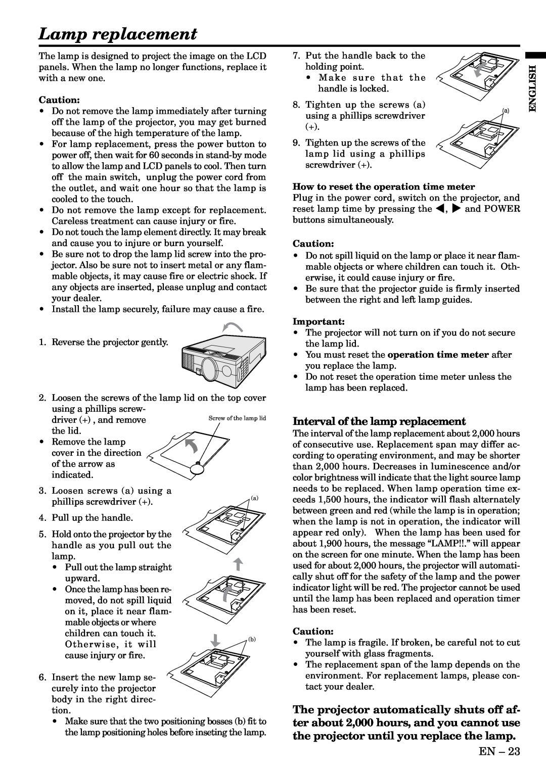 Mitsubishi Electronics X70U user manual Lamp replacement, Interval of the lamp replacement 