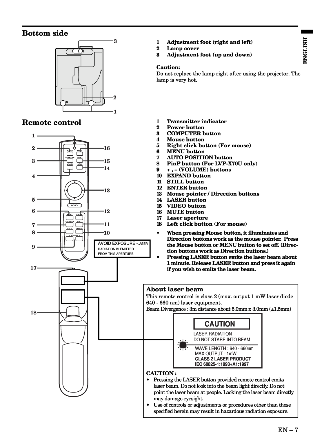 Mitsubishi Electronics X70U user manual Bottom side, Remote control, About laser beam 