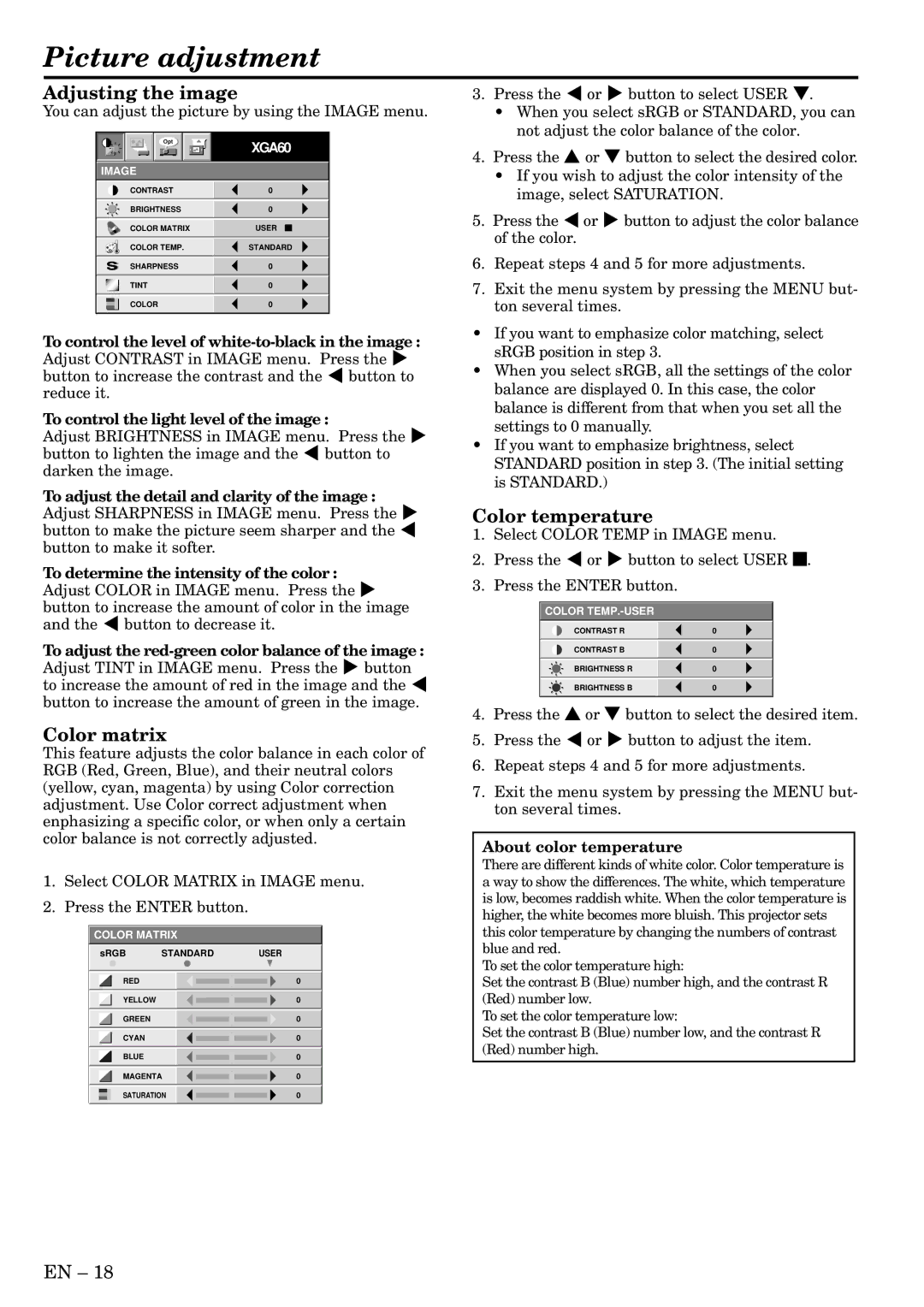 Mitsubishi Electronics X80 user manual Picture adjustment, Adjusting the image, Color matrix, Color temperature 