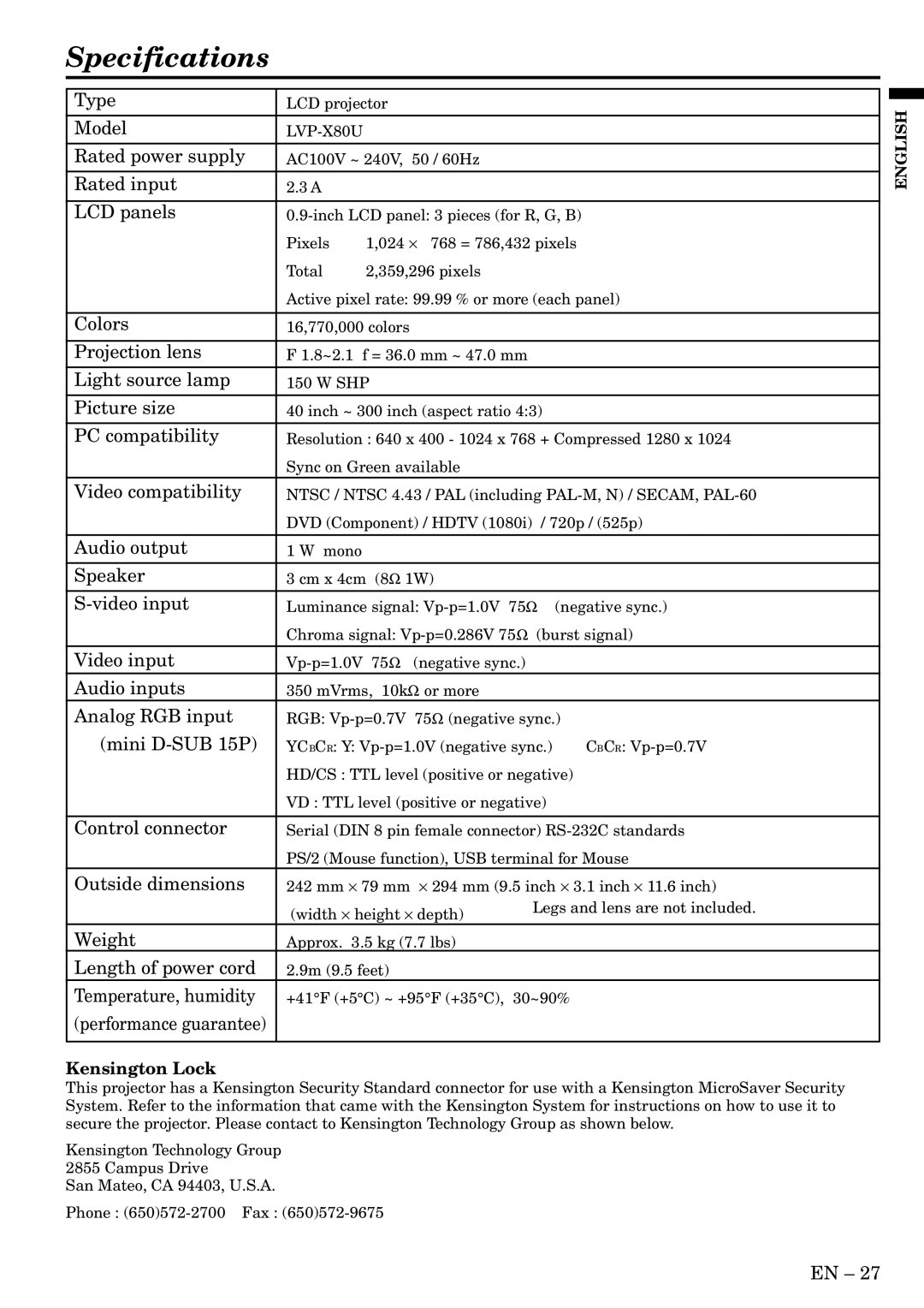 Mitsubishi Electronics user manual Specifications, LVP-X80U 