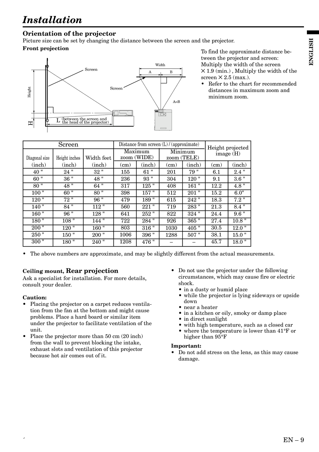 Mitsubishi Electronics X80 Installation, Orientation of the projector, Front projection, Ceiling mount, Rear projection 