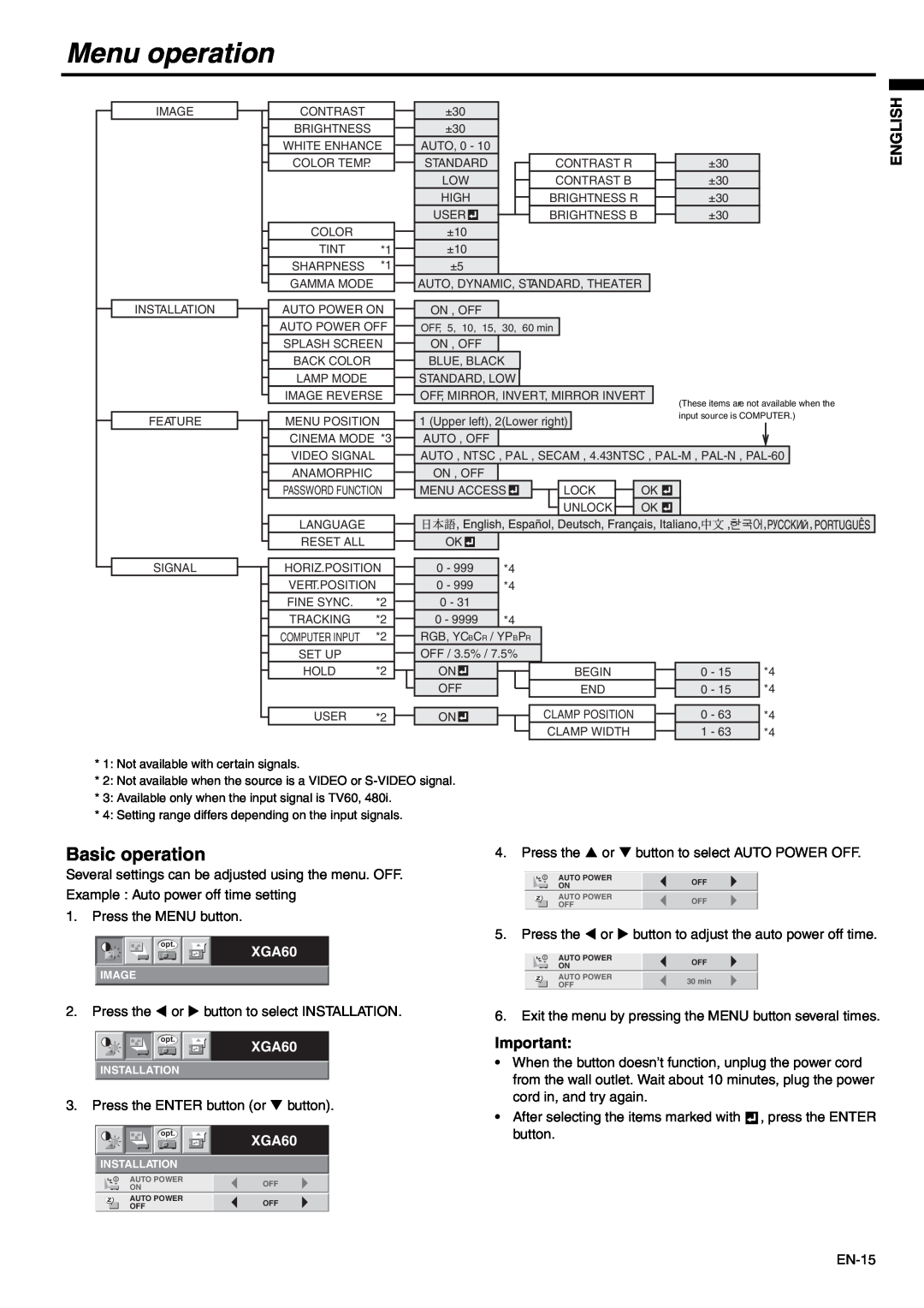 Mitsubishi Electronics SD110, XD110 user manual Menu operation, Basic operation, XGA60, English 