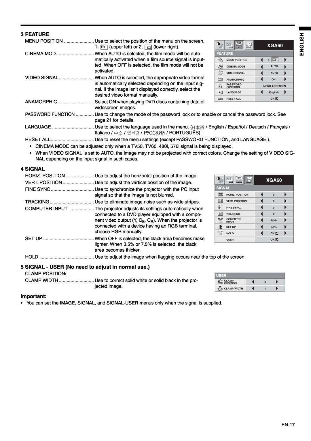 Mitsubishi Electronics SD110, XD110 Feature, Signal, SIGNAL - USER No need to adjust in normal use, English, XGA60 