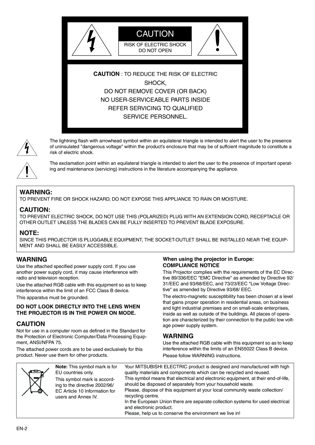 Mitsubishi Electronics XD110 Caution To Reduce The Risk Of Electric, When using the projector in Europe COMPLIANCE NOTICE 