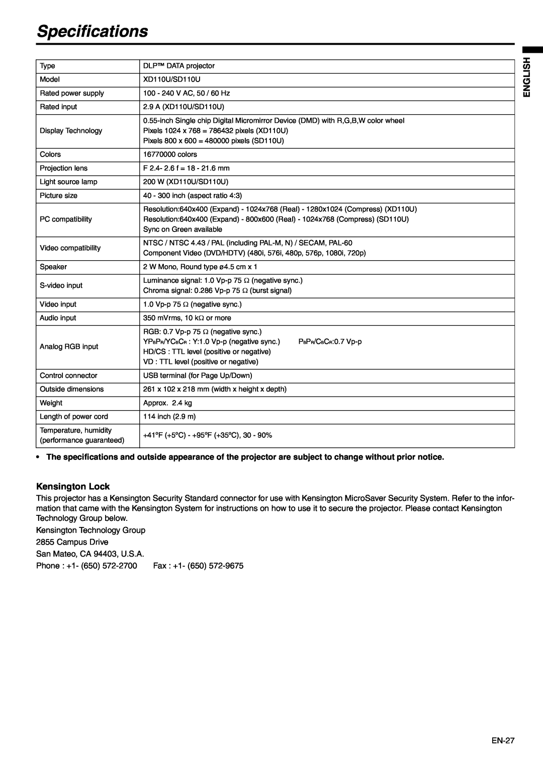 Mitsubishi Electronics SD110 Specifications, Kensington Lock, English, Kensington Technology Group 2855 Campus Drive 