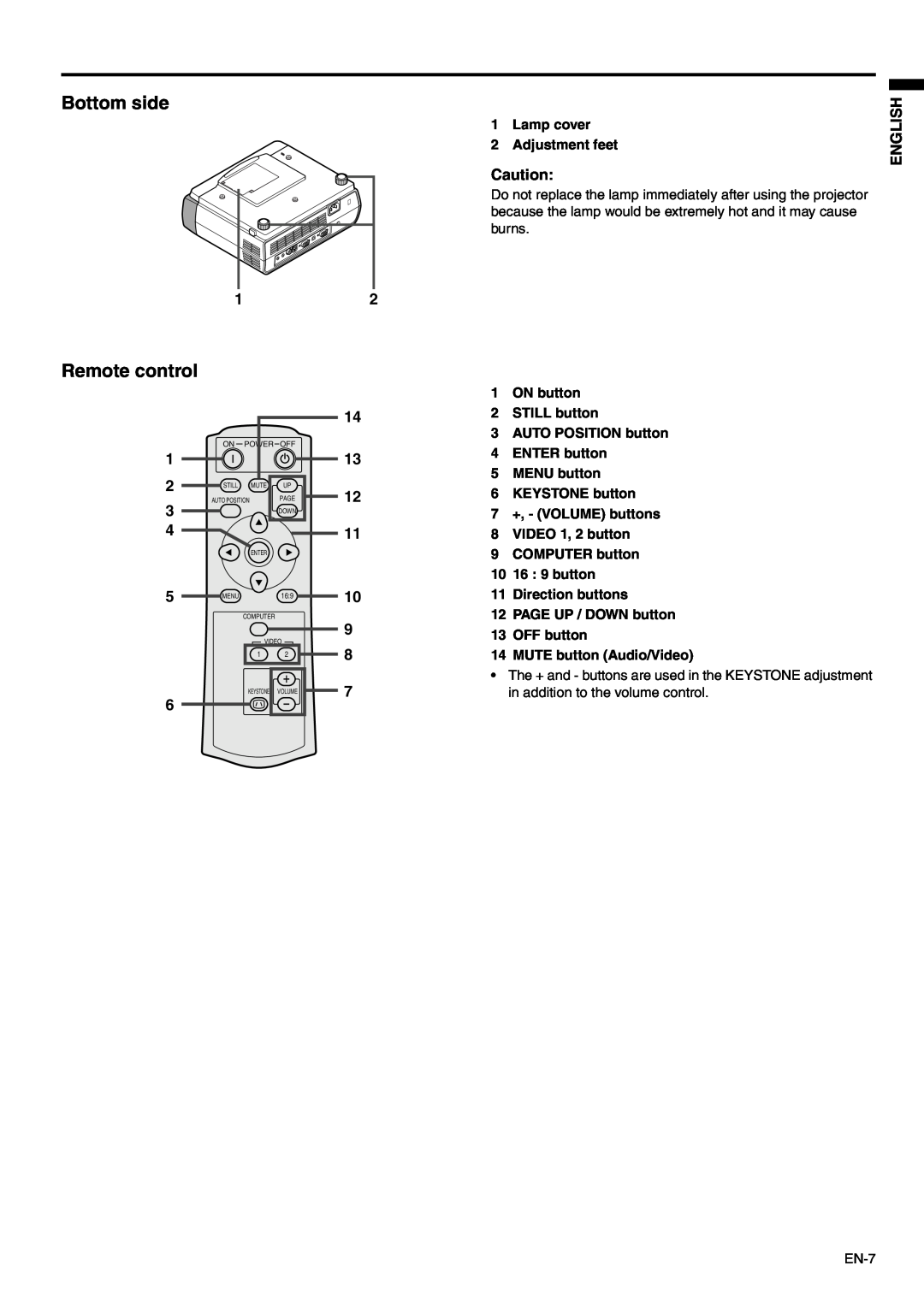 Mitsubishi Electronics SD110, XD110 user manual Bottom side, Remote control, English 