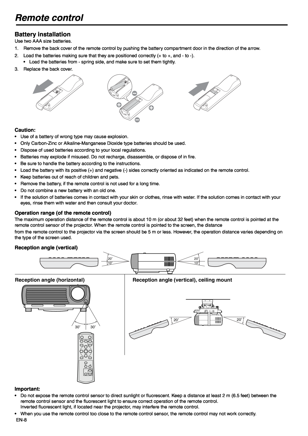 Mitsubishi Electronics XD110, SD110 user manual Remote control, Battery installation, Operation range of the remote control 