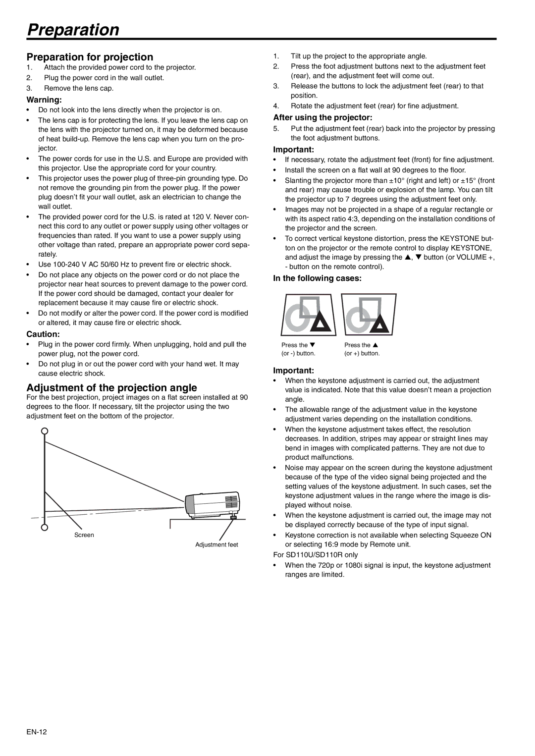 Mitsubishi Electronics XD110R Preparation for projection, Adjustment of the projection angle, Following cases 