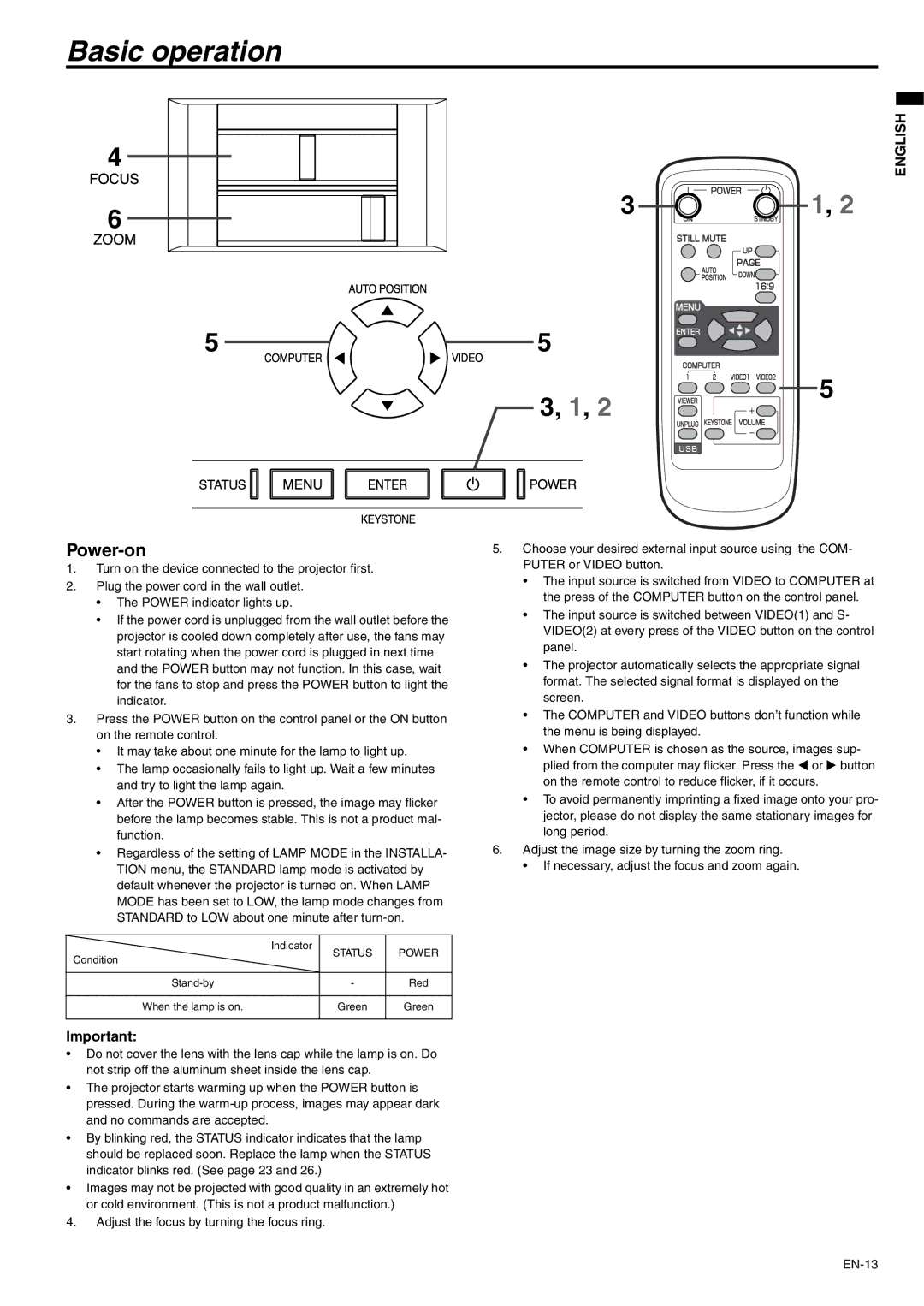 Mitsubishi Electronics XD110R user manual Basic operation, Power-on, Status Power 