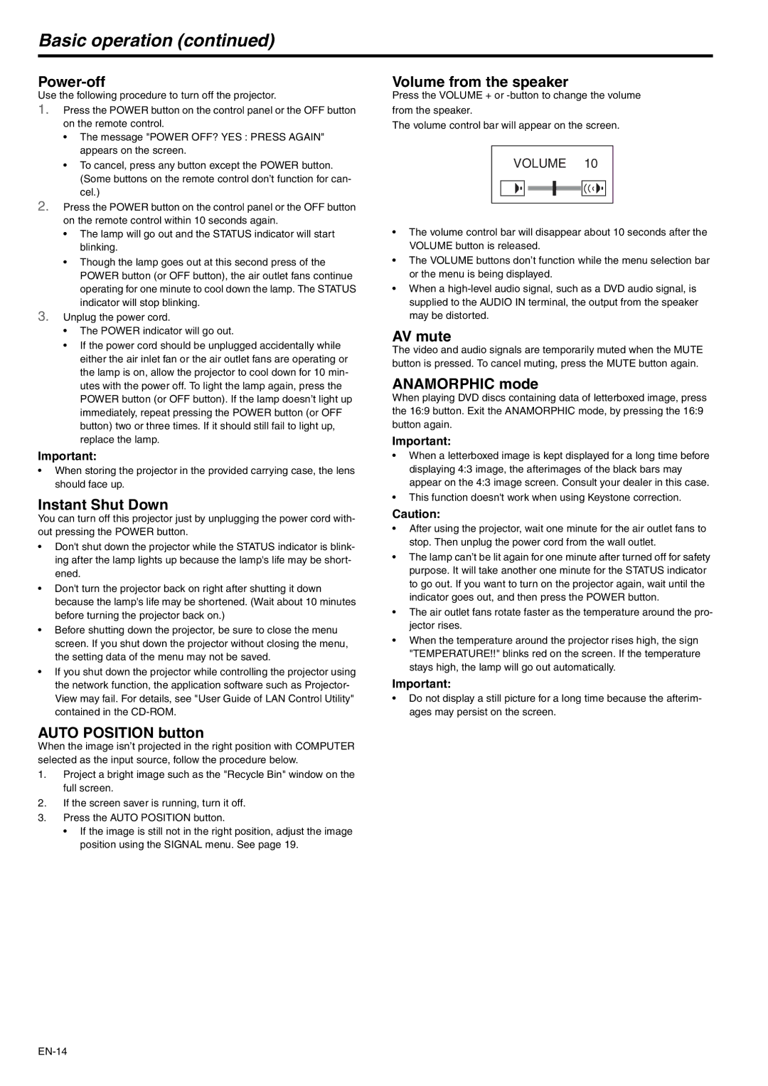 Mitsubishi Electronics XD110R Power-off, Instant Shut Down, Auto Position button, Volume from the speaker, AV mute 