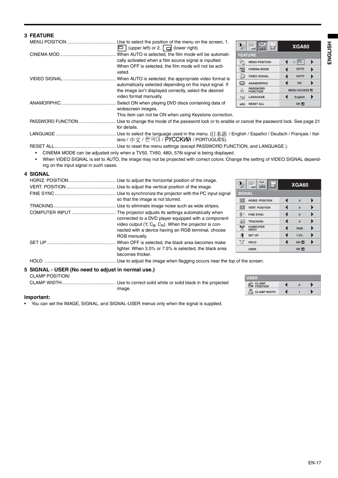 Mitsubishi Electronics XD110R Signal User No need to adjust in normal use, Password Function, Language, Reset ALL 