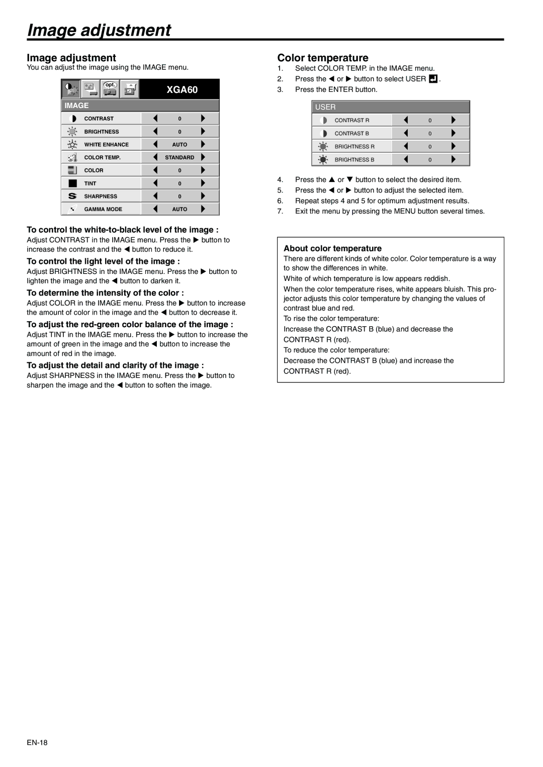 Mitsubishi Electronics XD110R user manual Image adjustment, Color temperature 