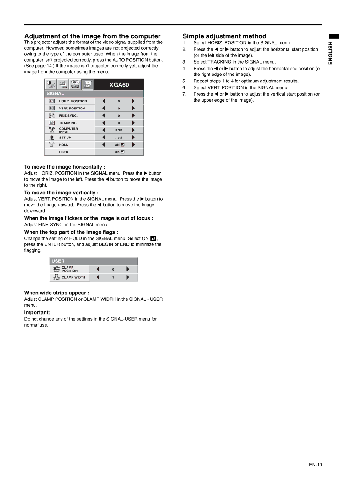 Mitsubishi Electronics XD110R user manual Adjustment of the image from the computer, Simple adjustment method 