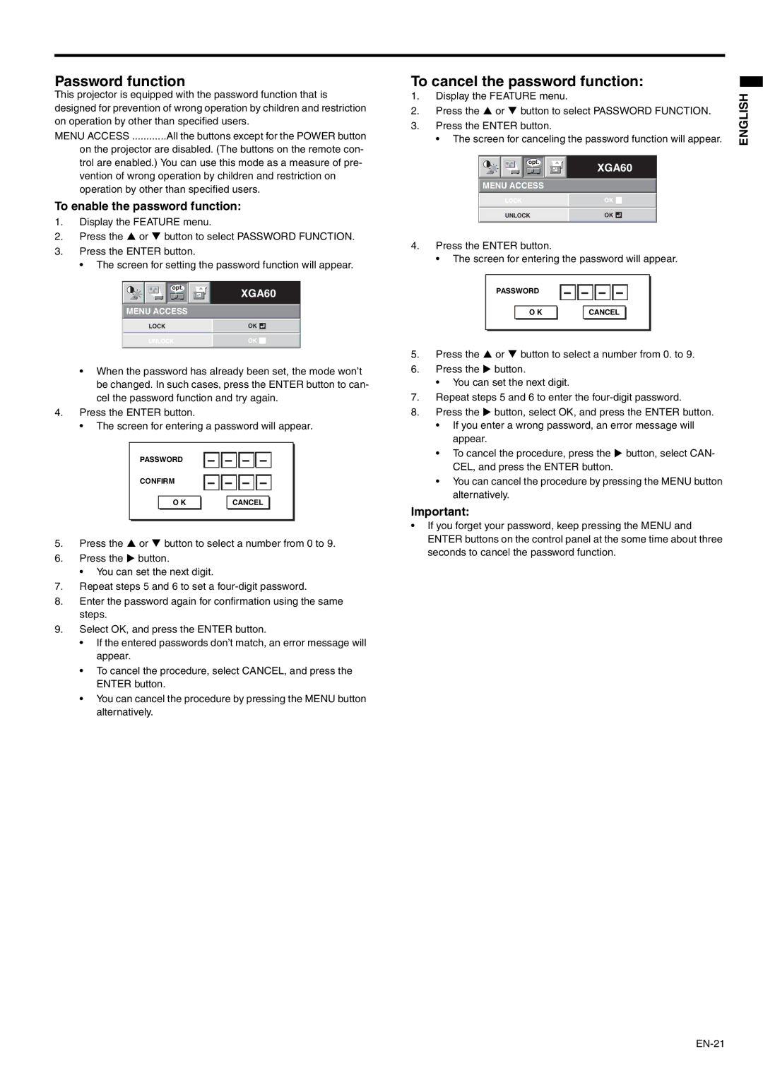 Mitsubishi Electronics XD110R Password function, To cancel the password function, To enable the password function 