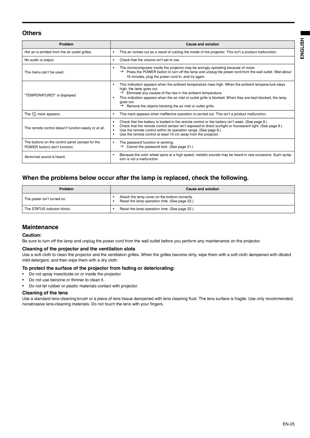 Mitsubishi Electronics XD110R user manual Others, Maintenance, Cleaning of the projector and the ventilation slots 