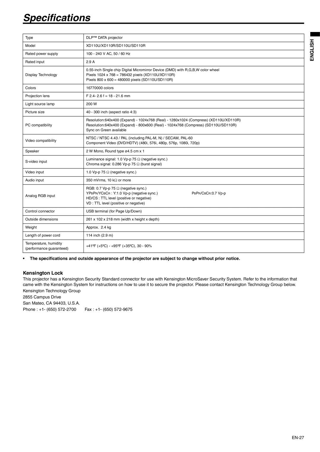 Mitsubishi Electronics XD110R user manual Specifications, Kensington Lock 