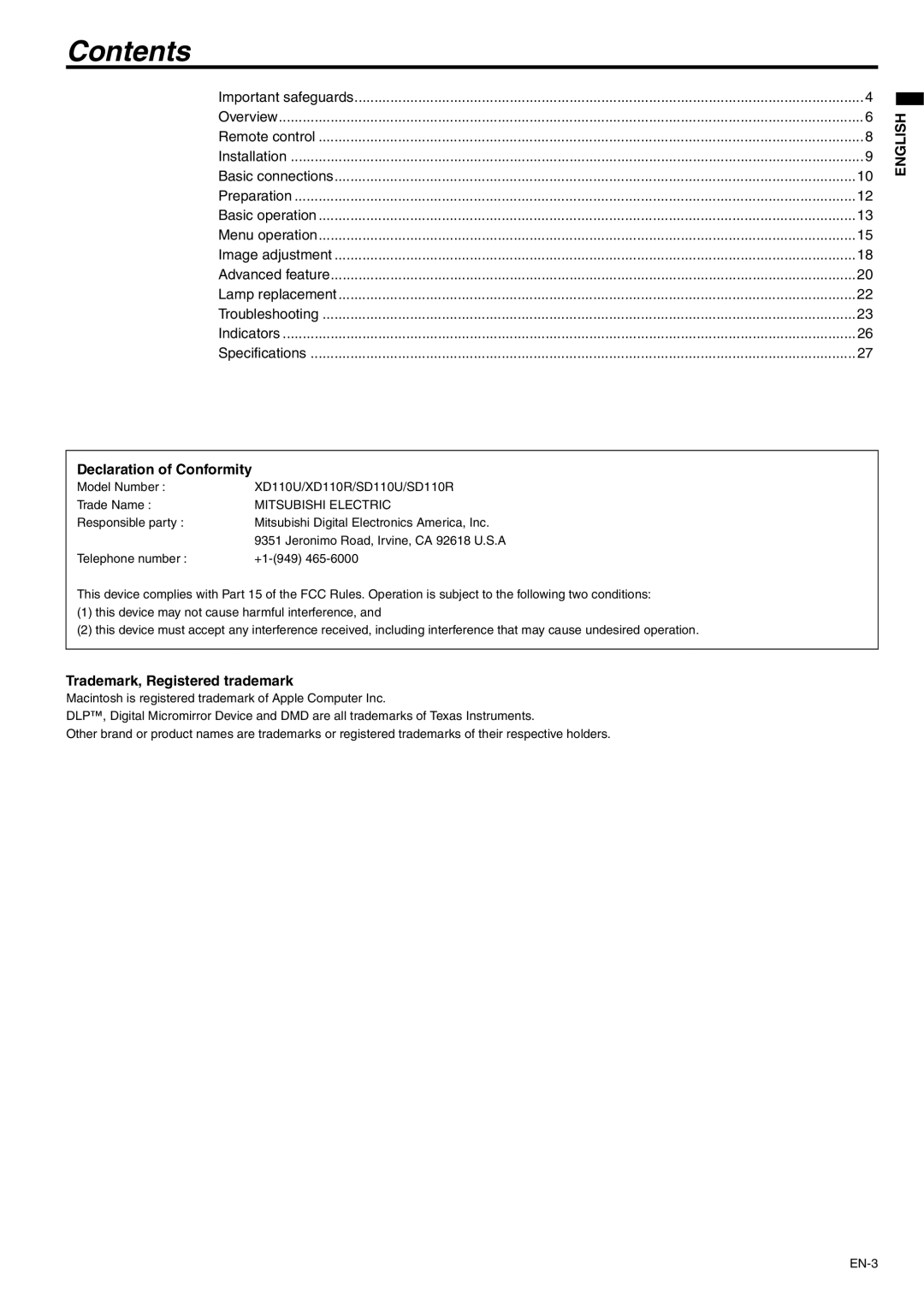 Mitsubishi Electronics XD110R user manual Contents 