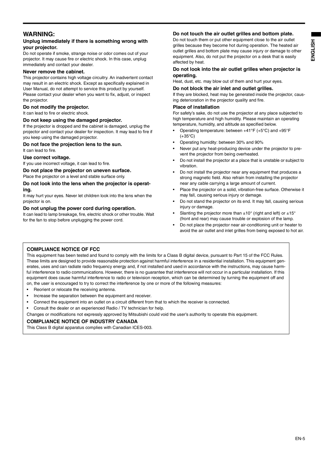 Mitsubishi Electronics XD110R user manual Never remove the cabinet Do not modify the projector, Use correct voltage 