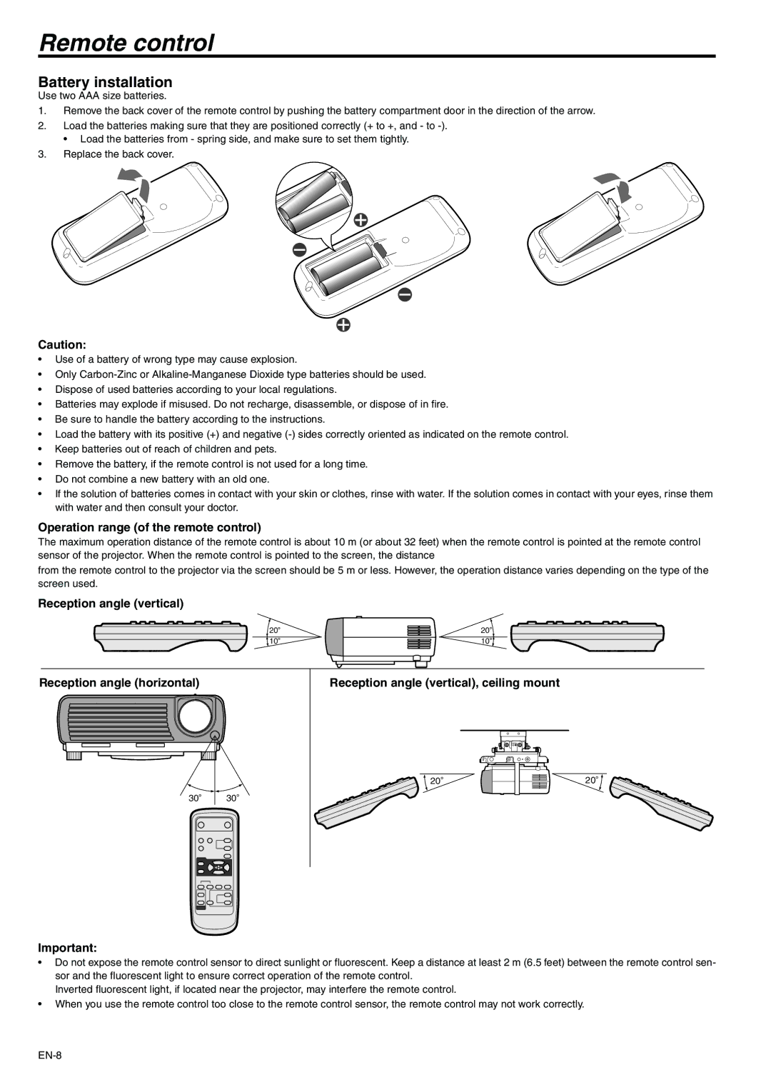 Mitsubishi Electronics XD110R user manual Remote control, Battery installation, Operation range of the remote control 