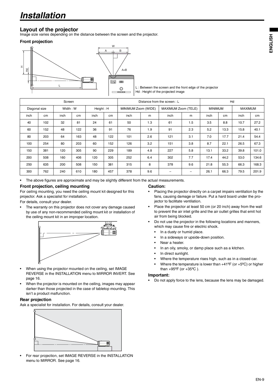 Mitsubishi Electronics XD110R user manual Installation, Layout of the projector, Front projection, ceiling mounting 