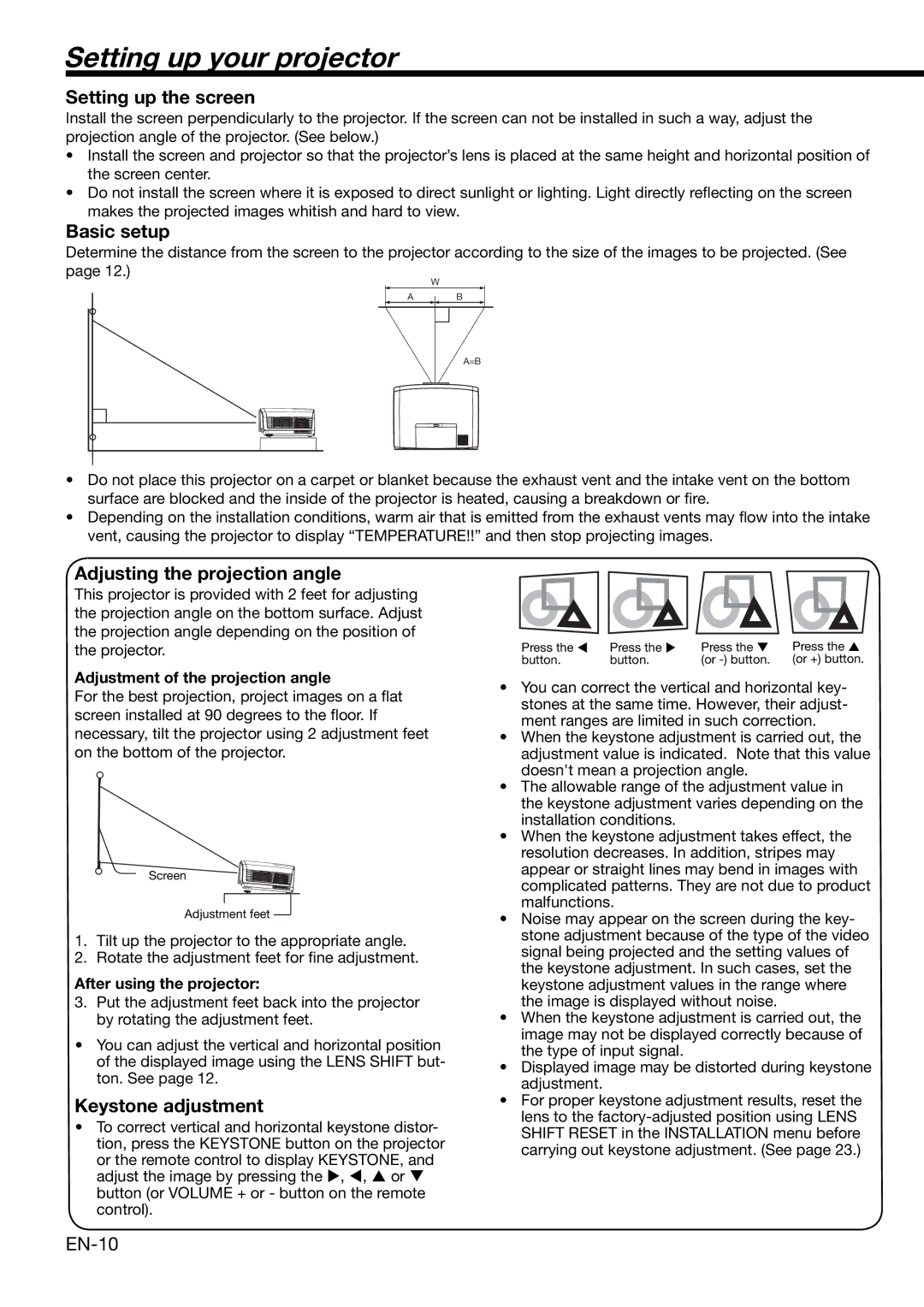 Mitsubishi Electronics XD2000, XD1000 Setting up your projector, Setting up the screen, Basic setup, Keystone adjustment 