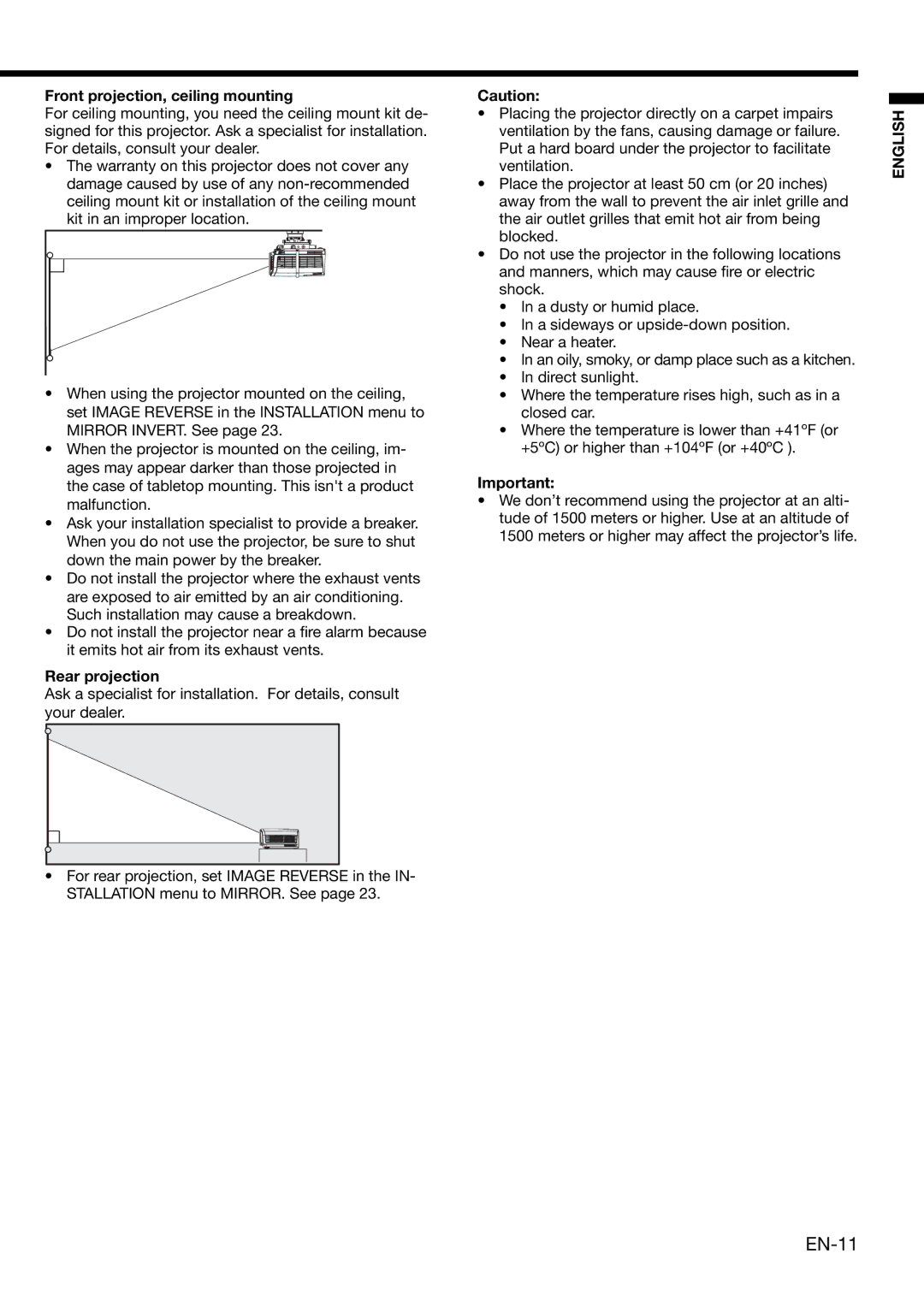 Mitsubishi Electronics XD1000, XD2000 user manual Front projection, ceiling mounting, Rear projection 