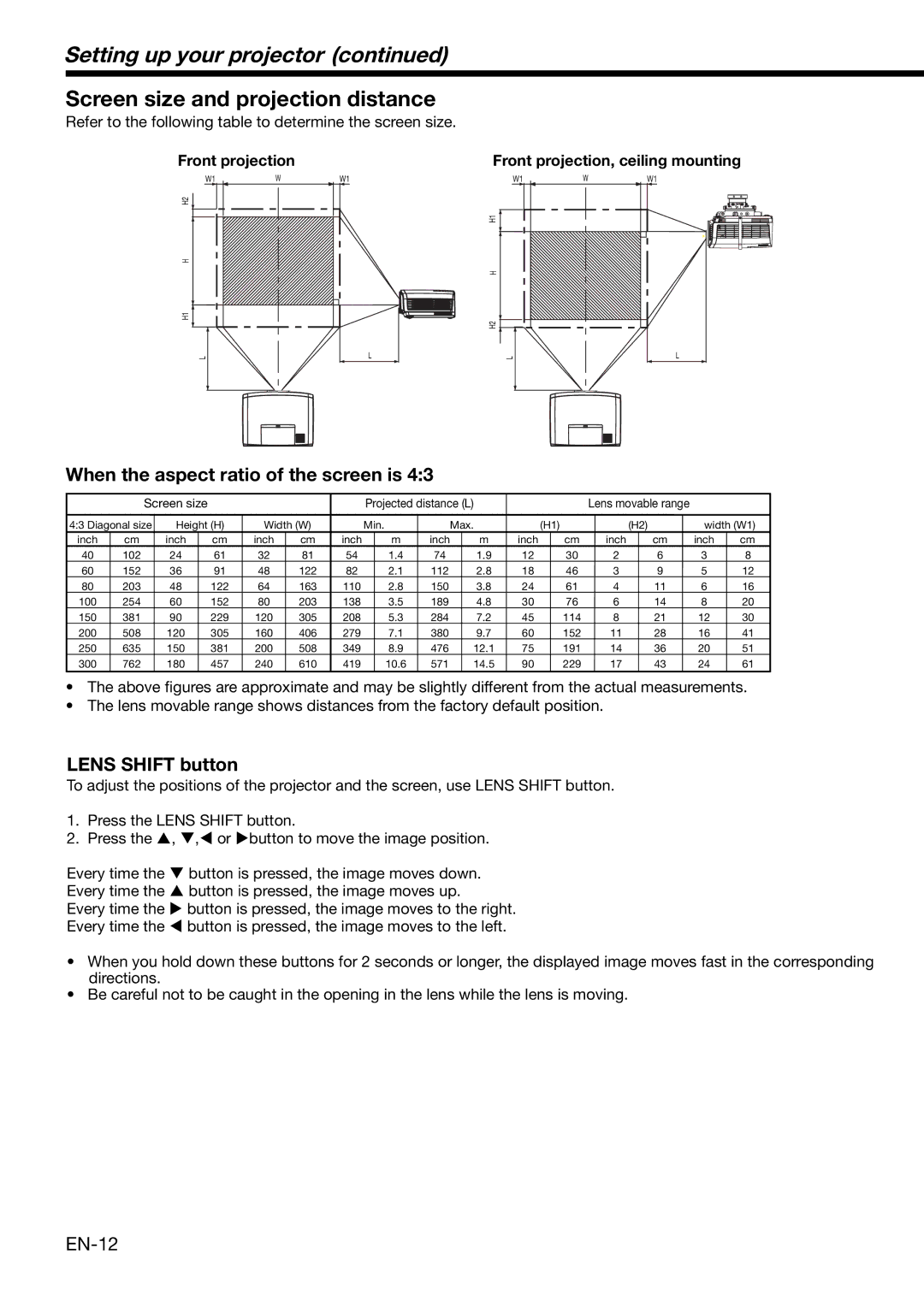 Mitsubishi Electronics XD2000, XD1000 Setting up your projector, Screen size and projection distance, Lens Shift button 