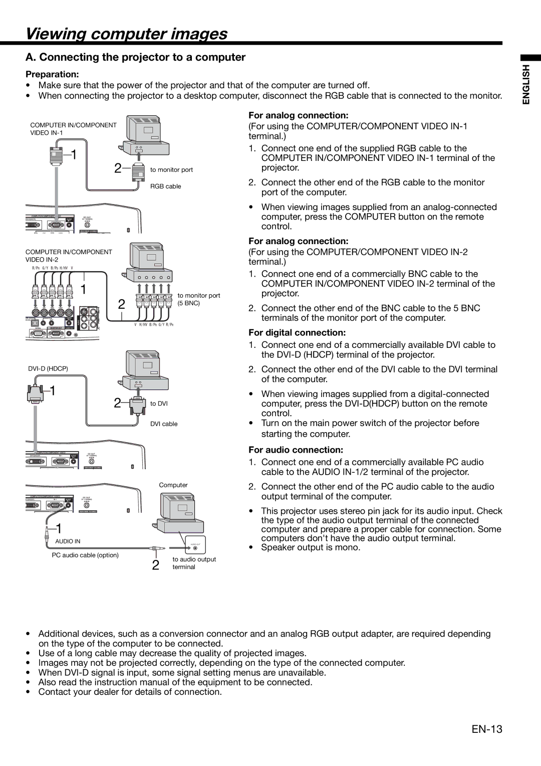 Mitsubishi Electronics XD1000, XD2000 user manual Viewing computer images, Connecting the projector to a computer 