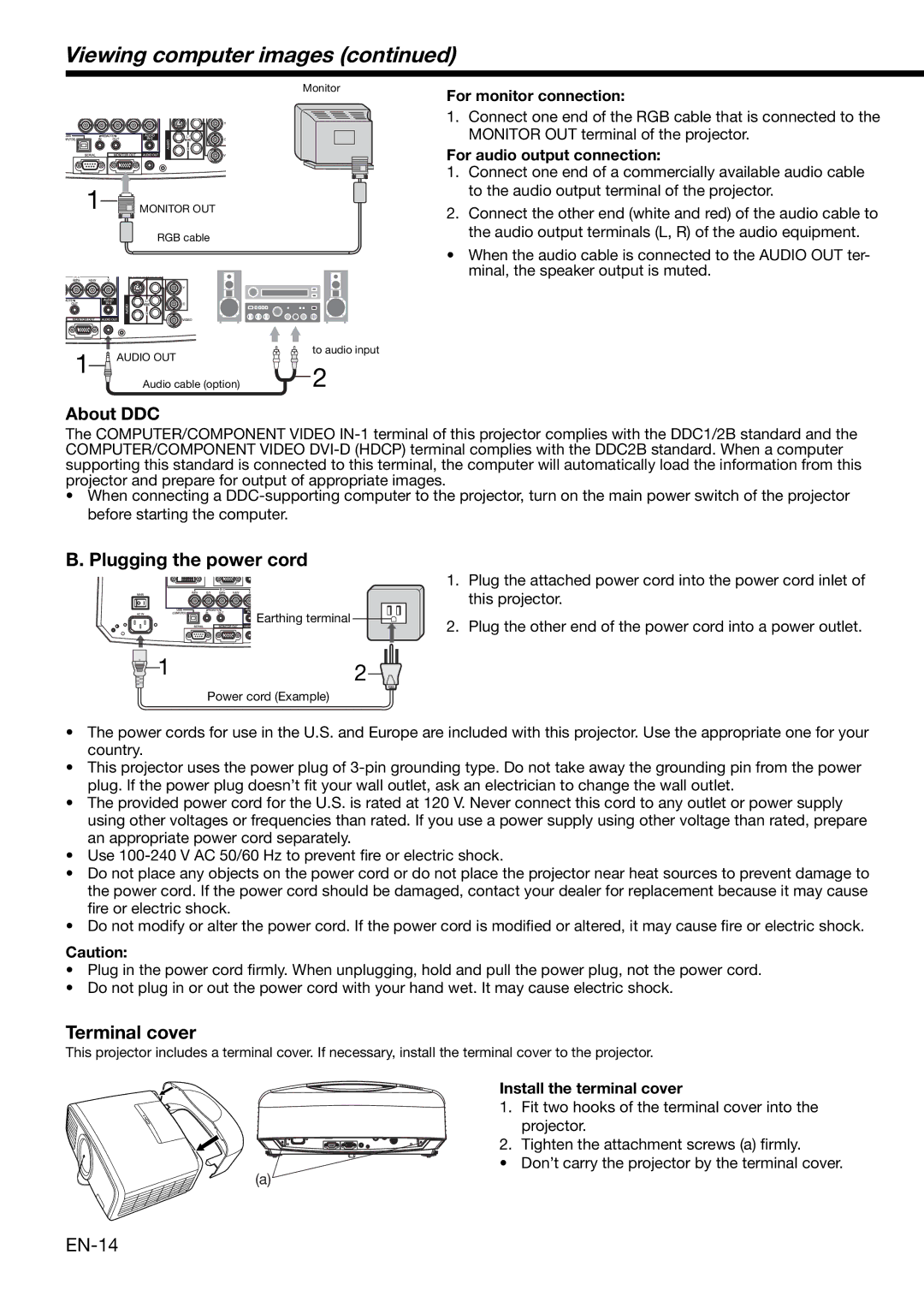 Mitsubishi Electronics XD2000, XD1000 user manual Viewing computer images, Plugging the power cord, Terminal cover 