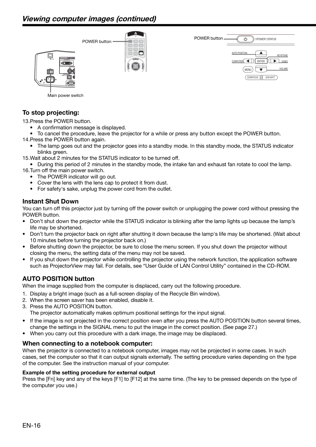 Mitsubishi Electronics XD2000, XD1000 user manual To stop projecting, Instant Shut Down, Auto Position button 