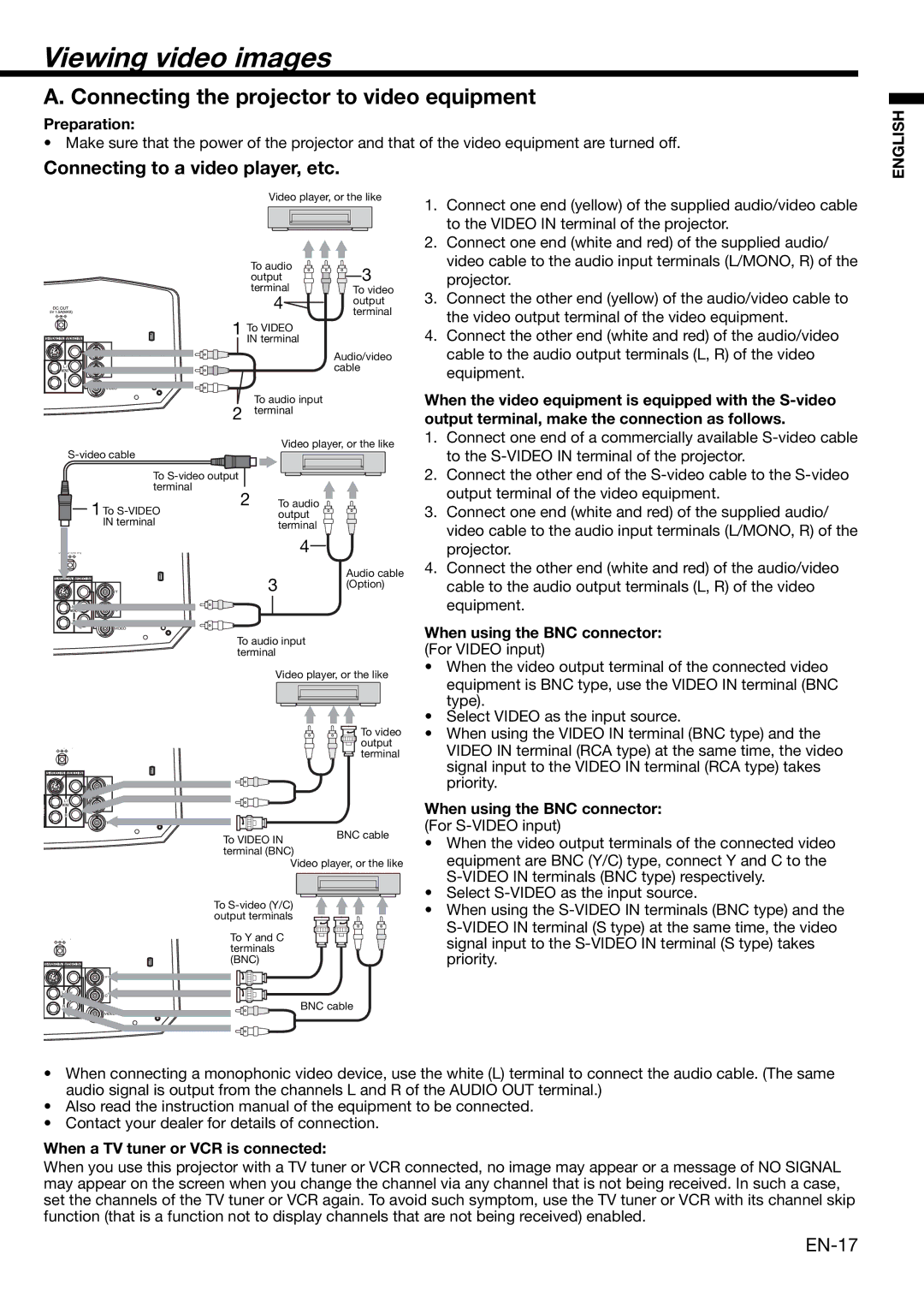 Mitsubishi Electronics XD1000, XD2000 user manual Viewing video images, Connecting the projector to video equipment 