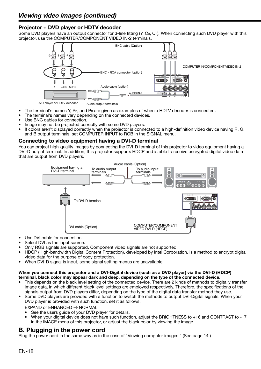 Mitsubishi Electronics XD2000 Viewing video images, Plugging in the power cord, Projector + DVD player or Hdtv decoder 