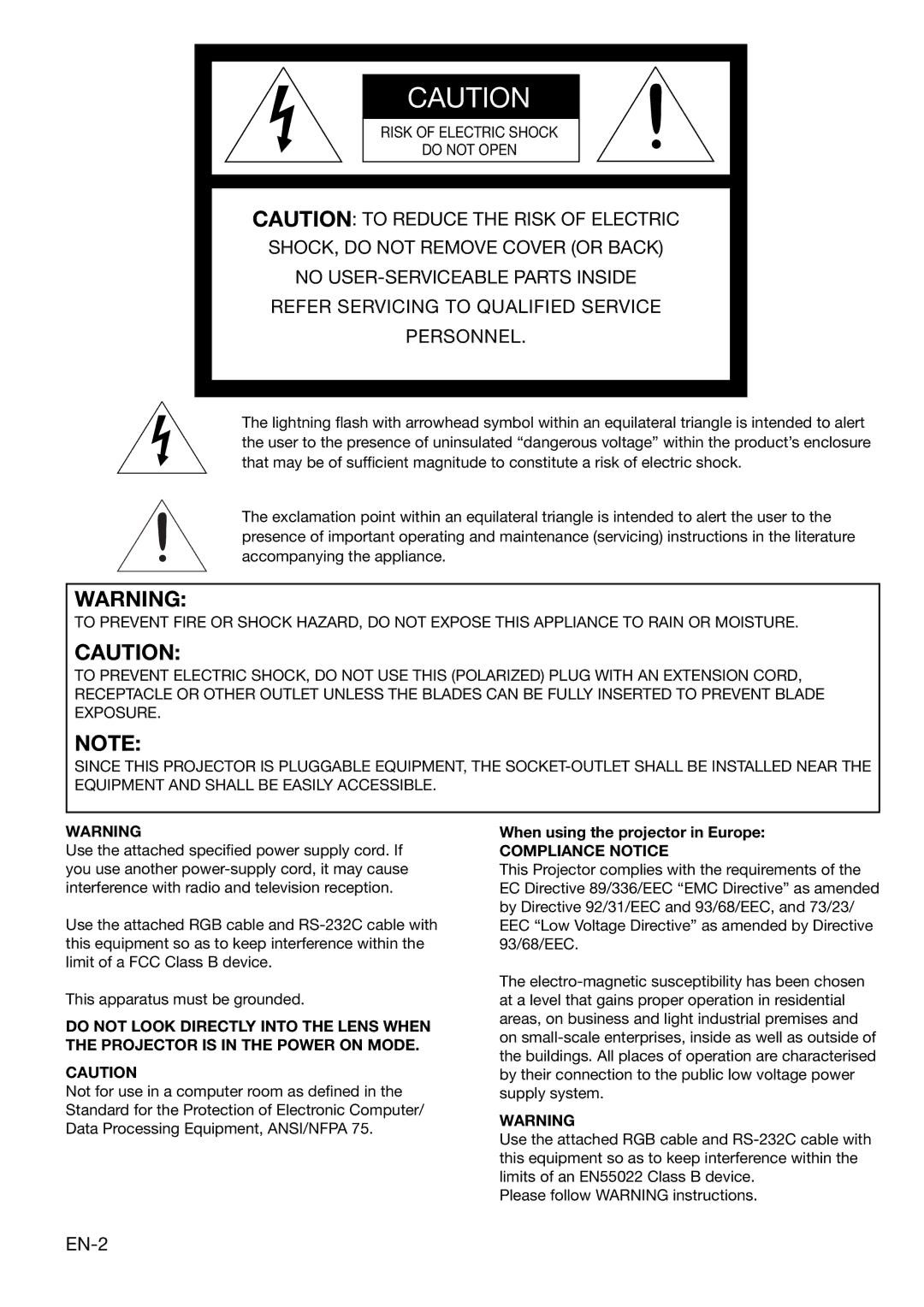 Mitsubishi Electronics XD2000, XD1000 user manual When using the projector in Europe, Compliance Notice 