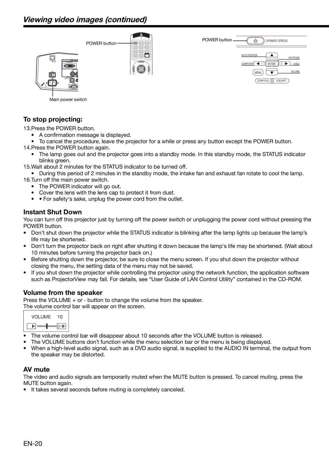 Mitsubishi Electronics XD2000, XD1000 user manual Volume from the speaker, AV mute 