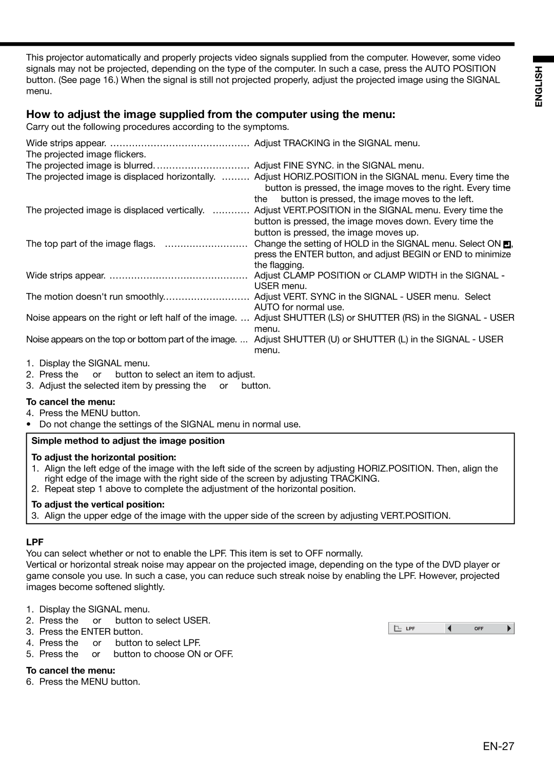 Mitsubishi Electronics XD1000, XD2000 user manual To adjust the vertical position, Lpf 