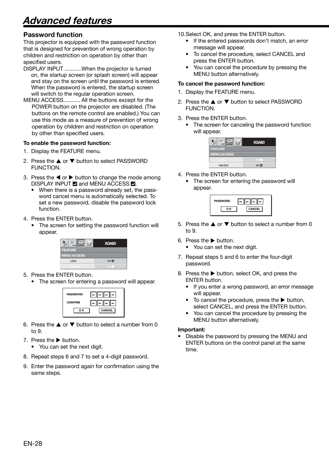 Mitsubishi Electronics XD2000, XD1000 user manual Advanced features, Password function, To enable the password function 