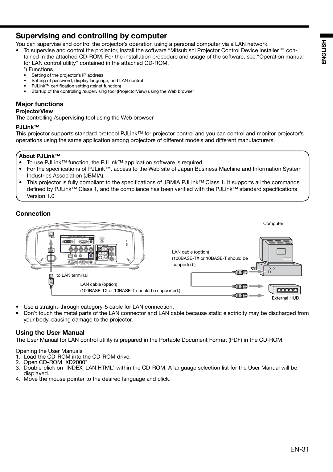 Mitsubishi Electronics XD1000, XD2000 user manual Supervising and controlling by computer, ProjectorView, About PJLink 