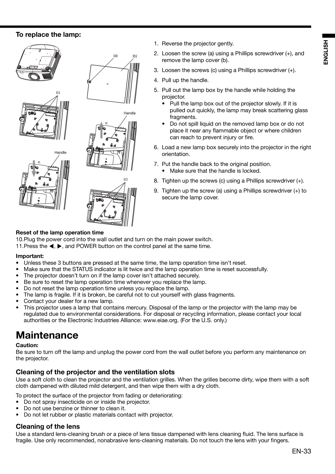 Mitsubishi Electronics XD1000, XD2000 user manual To replace the lamp, Cleaning of the projector and the ventilation slots 